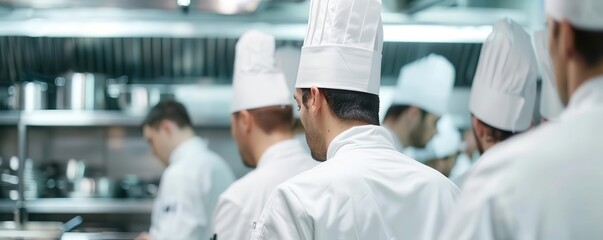 Professional chefs working in a busy commercial kitchen, cooking, preparing and plating dishes with precision and teamwork.