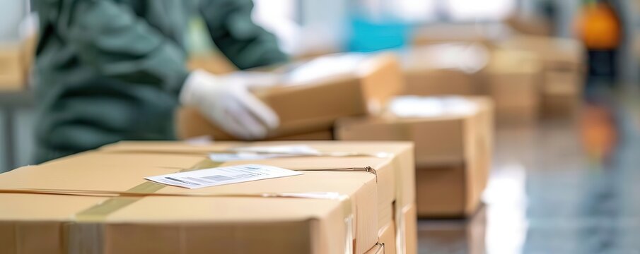 Close-up of workers handling packages in a distribution center, focusing on logistics and shipping processes with efficiency.