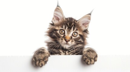 Playful Maine Coon kitten posing with empty sign on white backdrop