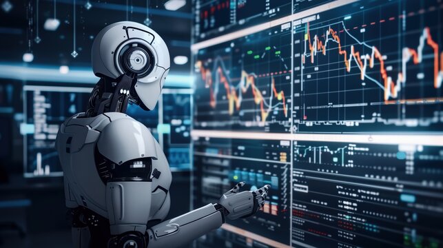 AI algorithms analyzing stock market data with traders monitoring real-time financial charts and graphs. Artificial intelligence in finance,  predictive analytics, market trends, decision-making .