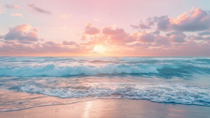 Fototapeta premium A serene wallpaper featuring a tranquil ocean scene with gentle waves and a pastel sunset