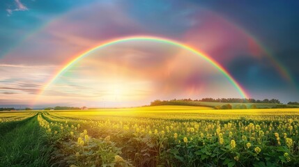 Rainbow Over Field of Yellow Flowers