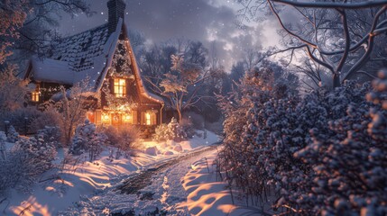 A snowy pathway leading to a quaint cottage with a glowing hearth