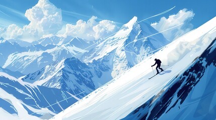 A solitary figure skiing down powdery slopes with panoramic views of snow-capped peaks and clear skies.