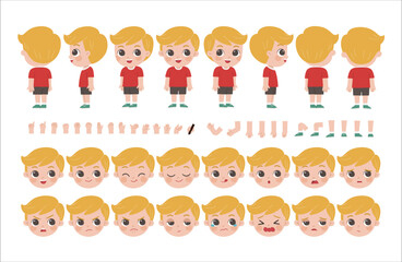 Mascot creation kit of little boy for different poses . Vector constructor with various views, emotions, poses and gestures. Schoolgirl character creation set.