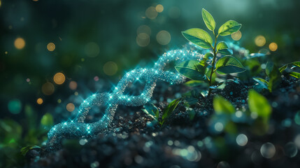 Green biotechnology concept with a visual of a plant integrated with DNA, showcasing the innovation of synthetic biology.