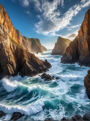 Majestic Coastal Cliffs and Turbulent Ocean Waves Under Dramatic Sky