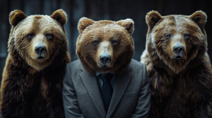 Stock market concept featuring bears in business suits, symbolizing bearish trends and financial market struggles.