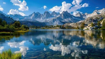 Obraz premium A tranquil lake reflects the clear blue sky and towering mountains in a serene nature backdrop