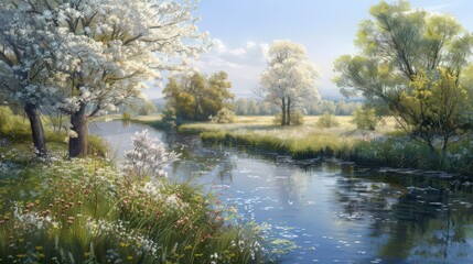 A tranquil river winding through blossoming trees and fields of wildflowers, capturing the essence of natural beauty