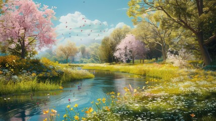 A tranquil river winding through blossoming trees and fields of wildflowers, capturing the essence of natural beauty