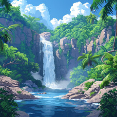 Jungle landscape with rocky cliff mountains and waterfall. Cartoon vector rainforest scenery with falling water in river stream, green trees and bushes, Made with generative ai
