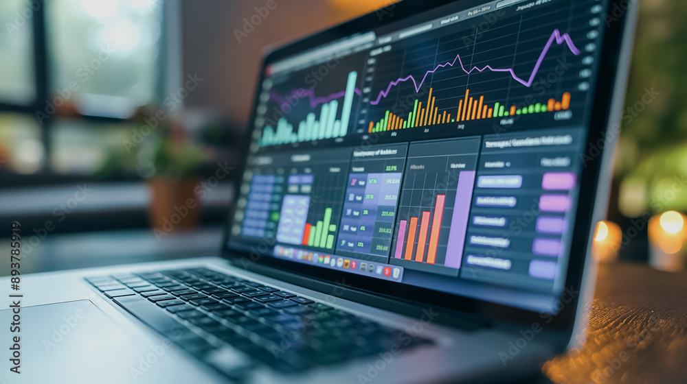 Poster a laptop displaying a graph with a purple line. the graph is showing a downward trend. the laptop is