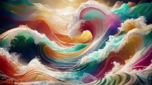 Colorful Designer Waves in Motion 4K Loop features an A.I. generated video of abstract colorful illustrated ocean waves moving subtly in a loop.