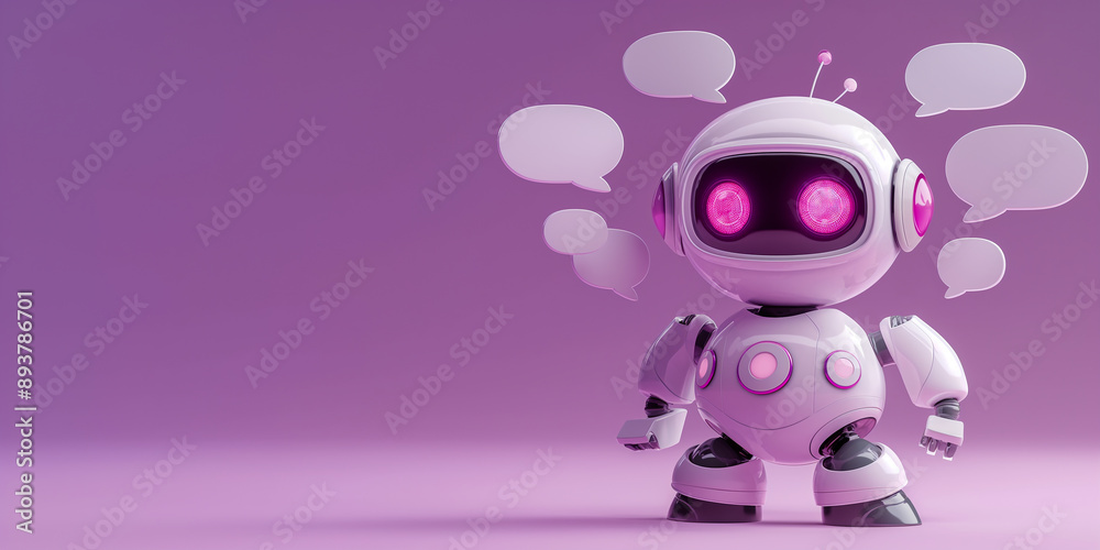 Poster cute robot thinking with empty speech bubbles on purple background