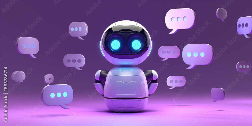 Poster white modern robot chatting with chat bubbles on purple background