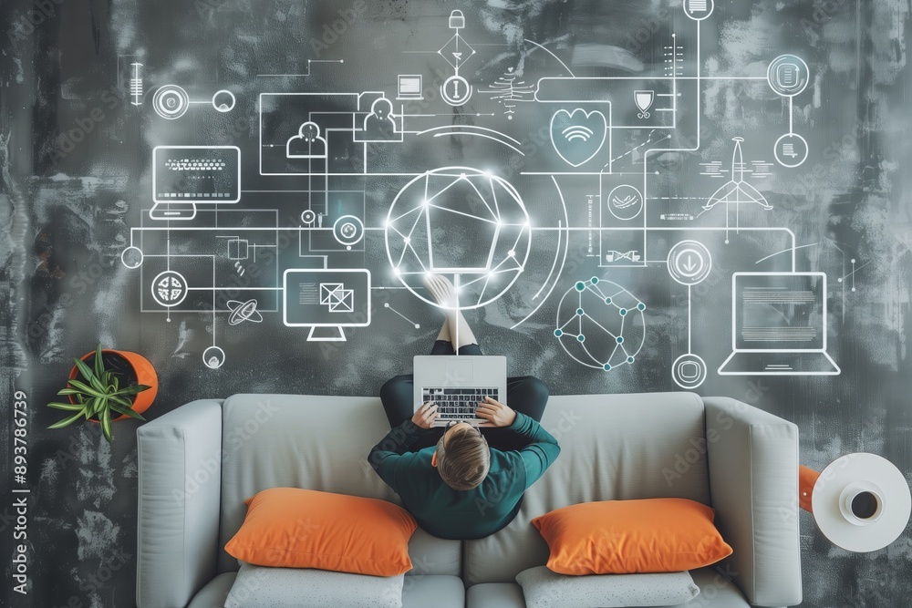Poster In a hightech home office, a technology enthusiast sits on a couch with a laptop, surrounded by digital network graphics, creating a stylish and innovative workspace for remote work