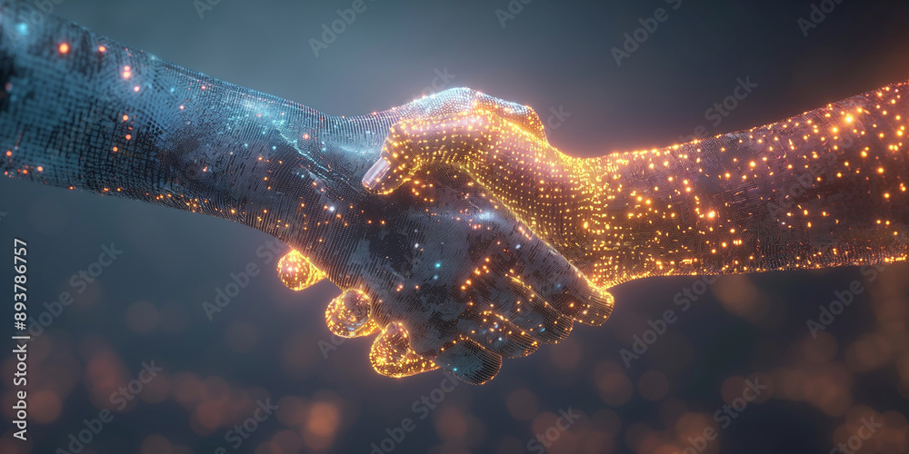 Aufkleber two hands shaking showing partnership agreement with digital technology