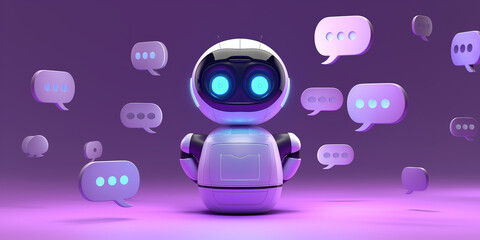 White modern robot chatting with chat bubbles on purple background