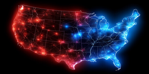 United states map showing internet traffic with glowing points indicating big cities