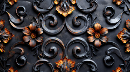 old wrought iron door or gate with ornate flower design, textured background or wallpaper, copy space