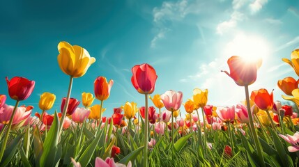 Fototapeta premium A vibrant field of tulips under a clear blue sky, ideal for uplifting and cheerful digital backdrops