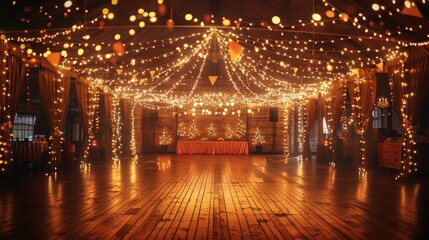 A wooden dance floor with string lights and a warm ambiance