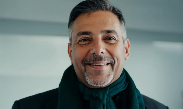 Medium shot portrait video of a pleased man in his 40s wearing a foulard against a minimalist or empty room background