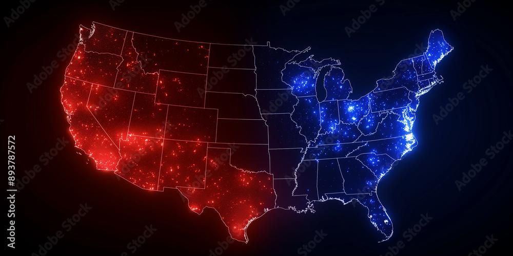 Poster abstract usa map showing population density with red and blue lights