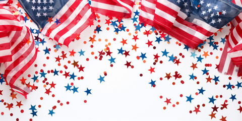 Obraz premium American flags making border with red white and blue confetti on white background