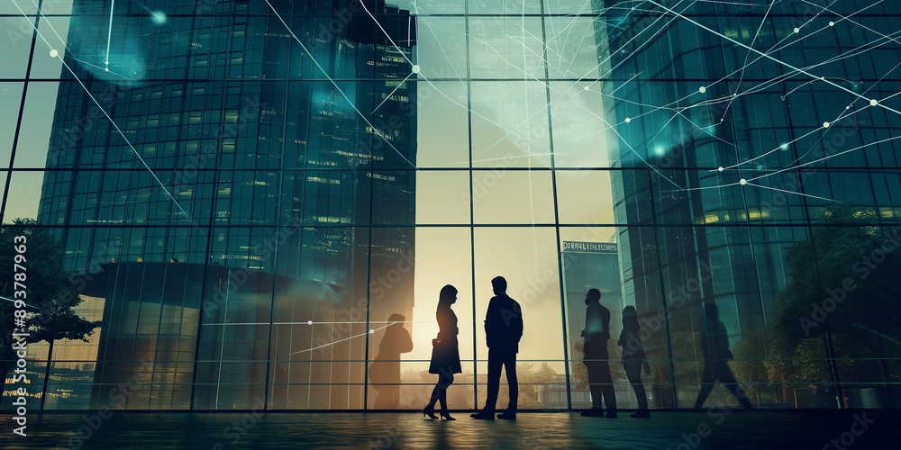Aufkleber business people discussing in lobby of modern office building with cityscape and network