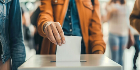 Woman dropping ballot into voting box at polling station