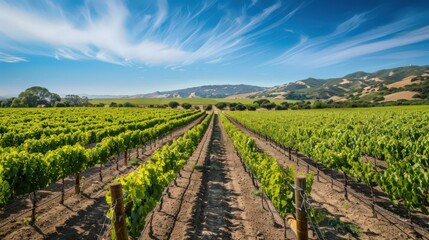 A vineyard in spring, rows of grapevines stretching toward the horizon under a clear blue sky, promising a bountiful harvest.