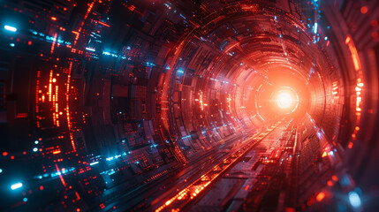 Obraz premium Futuristic Digital Tunnel with Red and Blue Lights, High-Tech Concept, Cyberpunk Aesthetic, Virtual Reality, Advanced Technology Background
