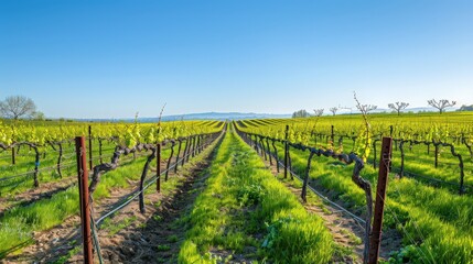 Obraz premium A vineyard in spring, rows of grapevines stretching toward the horizon under a clear blue sky, promising a bountiful harvest.