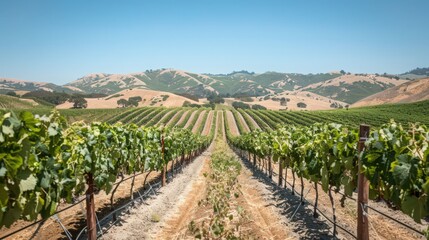 Obraz premium A vineyard under the summer sun, with rows of grapevines heavy with ripening fruit, set against rolling hills and a clear blue sky.