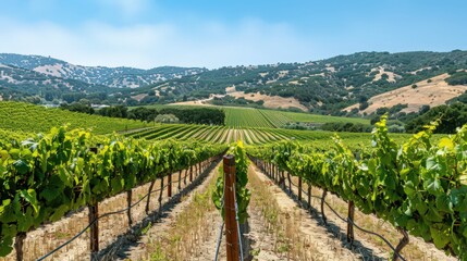 A vineyard under the summer sun, with rows of grapevines heavy with ripening fruit, set against rolling hills and a clear blue sky.