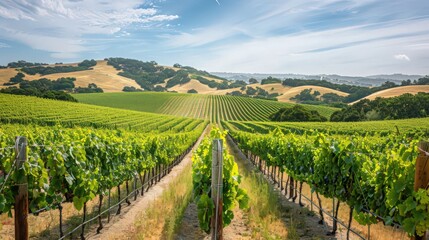 Fototapeta premium A vineyard under the summer sun, with rows of grapevines heavy with ripening fruit, set against rolling hills and a clear blue sky.