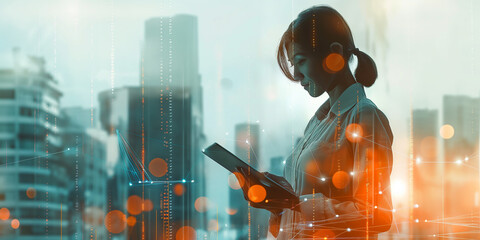 Businesswoman using digital tablet analyzing marketing research data with cityscape background