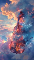 Violin Surrounded by Vibrant Pastel Clouds at Sunset