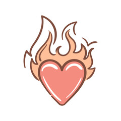 Shining heart on fire. Vector illustration in 2000s style. Flame. Aesthetics of the 90s, 00s. Trendy color Peach Fuzz. For sticker, design element.