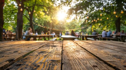 Weathered Wooden Tabletop With Blurred Background of People Sitting At Tables In A Garden Setting