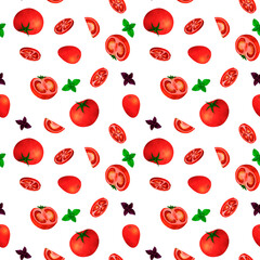 Red tomato and basil, watercolor seamless pattern, on white background. For prints on textile and paper, clothes, plates and dishes design, decoration for kitchen, restaurant menus, recipes, cookbook