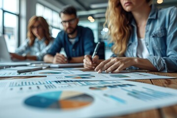 Business team analyzing graphs and charts at a meeting table with a focus on documents. Collaborative planning and data review in office setting.