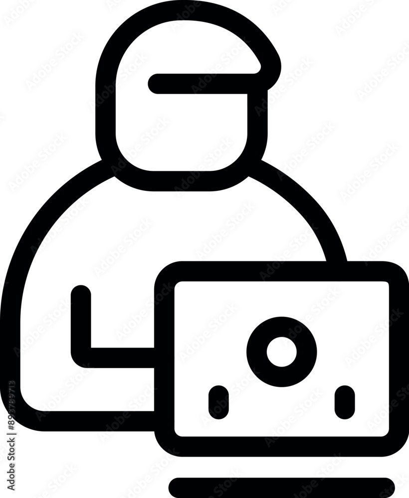 Poster hacker is using a laptop, engaging in cybercrime and attempting a data breach