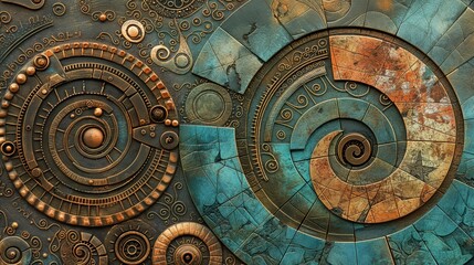 Obraz premium Surreal Abstract Artwork with Geometric Designs, Fibonacci Spirals, and Detailed Human Faces - High-Resolution Images for Graphic Design and Wall Art