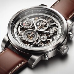 171 46. A designer watch with a stainless steel strap, close up,