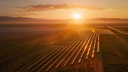 Vast Solar Panel Field at Sunset - Aerial Perspective of Green Energy