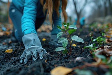 Obraz premium Person wearing gloves planting a young seedling in the soil, emphasizing outdoor gardening and nature conservation.
