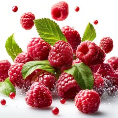 Raspberries and half slices suspended in the air, with green leaves, on a pure white background. Generative AI